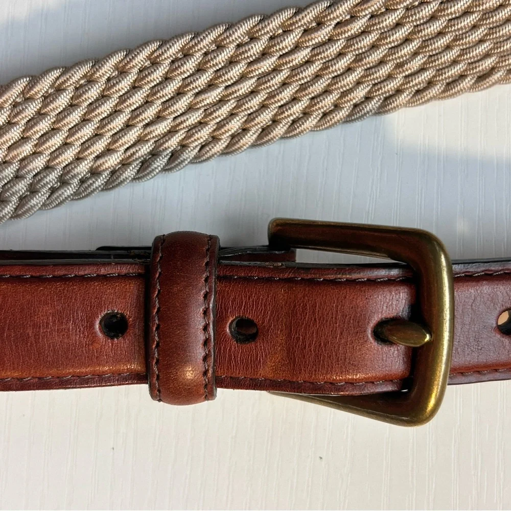 Orvis Belt Mens Size 38 Brown Leather‎ Beige Cord Fabric Brass Outdoor Casual
